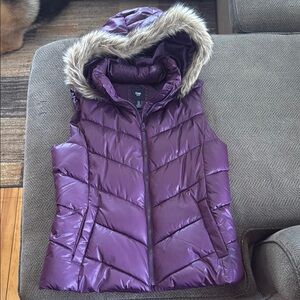 Gap Purple Puffer Vest with Faux Fur Hood